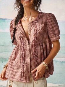 SoleilVie Camisa casual retro a cuadros para mujer con cuello redondo, mangas abullonadas y ribete de volantes fruncidos - Rosa - Ver 4