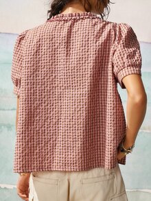 SoleilVie Camisa casual retro a cuadros para mujer con cuello redondo, mangas abullonadas y ribete de volantes fruncidos - Rosa - Ver 2