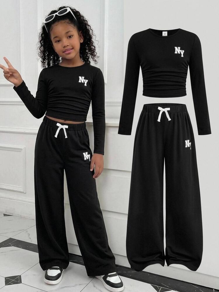 SHEIN Tween Girl Tween Girls Black Long Sleeve Simple NY Letter Print T-Shirt + Black Straight Leg Loose Pants 2pcs Set, Homecoming Dress Halloween Fall Style Christmas Winter - Black - View 1