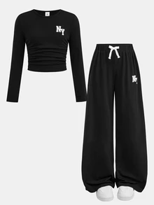 SHEIN 青少年女孩黑色圖案長袖NY字母印花T恤 + 直筒寬鬆長褲 2件套，返校禮服萬聖節秋季聖誕校園穿搭 - 黑色 - 查看 6