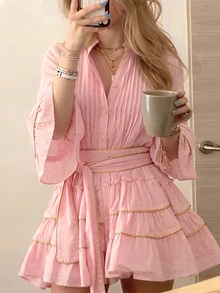 Cévolie 女款時尚休閒可愛優雅浪漫度假印花鈕扣洋裝 茶會早午餐 粉色秋季 - 粉色 - 查看 4