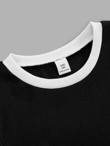 SHEIN 青少年女孩秋冬時尚針織羅紋黑白對比色休閒長袖T恤與對比腰帶鬆身長褲口袋套裝，拼接萬聖節秋季風格聖誕冬季黑色上衣 - 黑色 - 查看 3