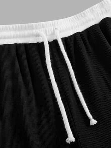 SHEIN 青少年女孩秋冬時尚針織羅紋黑白對比色休閒長袖T恤與對比腰帶鬆身長褲口袋套裝，拼接萬聖節秋季風格聖誕冬季黑色上衣 - 黑色 - 查看 5