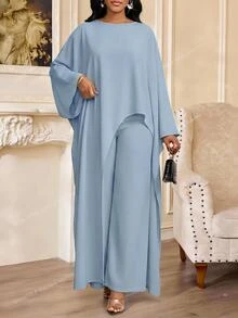 SHEIN Lady 秋季女款圓領披肩袖不對稱下擺純色兩件套，淺藍色優雅風，適合早午餐、生日、教堂、下午茶、早餐派對 - 藍色 - 查看 6