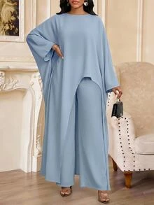 SHEIN Lady 秋季女款圓領披肩袖不對稱下擺純色兩件套，淺藍色優雅風，適合早午餐、生日、教堂、下午茶、早餐派對 - 藍色 - 查看 4