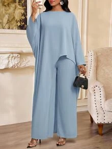 SHEIN Lady 秋季女款圓領披肩袖不對稱下擺純色兩件套，淺藍色優雅風，適合早午餐、生日、教堂、下午茶、早餐派對 - 藍色 - 查看 7