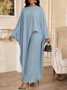 SHEIN Lady 秋季女款圓領披肩袖不對稱下擺純色兩件套，淺藍色優雅風，適合早午餐、生日、教堂、下午茶、早餐派對 - 藍色 - 查看 5