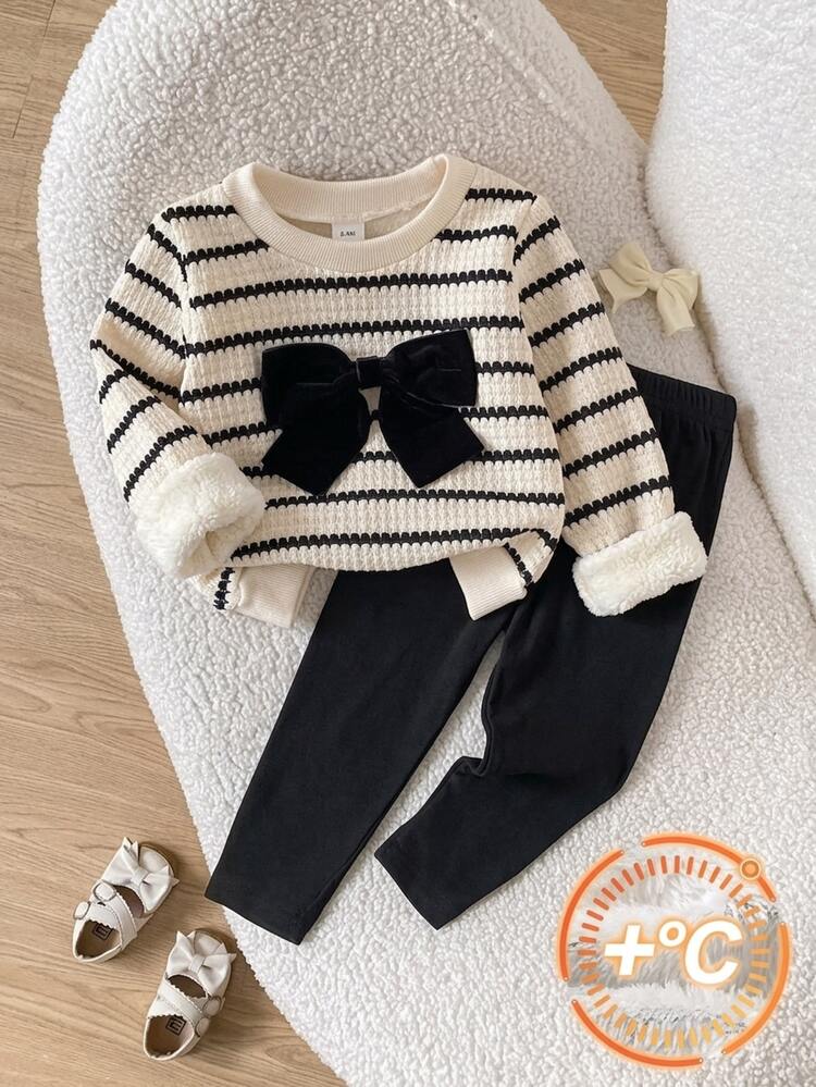 Souflis Souflis 2pcs Set Baby Girl Spring/Autumn Cream & Black Korean Sweet Style Horizontal Striped Textured Black Velvet Bow Round Neck Long Sleeve Top & Solid Straight Leg Pants Outfit, Loose Casual Fit, Suitable For Daily Outings, Outdoor Strolls, Birthday Parties, Photo Shoots, Family Gatherings - Black and White - View 3