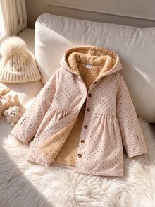 SHEIN Girls' Winter Coat, Khaki Color, Fuzzy Lining, Hooded, Button Closure, Fashionable Jacket, Suitable For Daily Casual Wear - Khaki - View 4