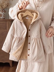 SHEIN Girls' Winter Coat, Khaki Color, Fuzzy Lining, Hooded, Button Closure, Fashionable Jacket, Suitable For Daily Casual Wear - Khaki - View 3