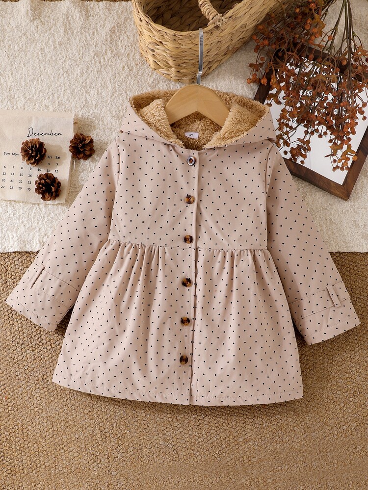 SHEIN Elladie kids Girls' Winter Coat, Khaki Color, Fuzzy Lining, Hooded, Button Closure, Fashionable Jacket, Suitable For Daily Casual Wear - Khaki - View 12