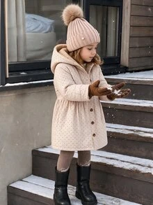 SHEIN Girls' Winter Coat, Khaki Color, Fuzzy Lining, Hooded, Button Closure, Fashionable Jacket, Suitable For Daily Casual Wear - Khaki - View 5