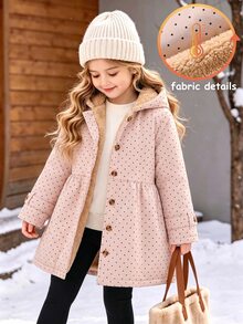 SHEIN Girls' Winter Coat, Khaki Color, Fuzzy Lining, Hooded, Button Closure, Fashionable Jacket, Suitable For Daily Casual Wear - Khaki - View 1