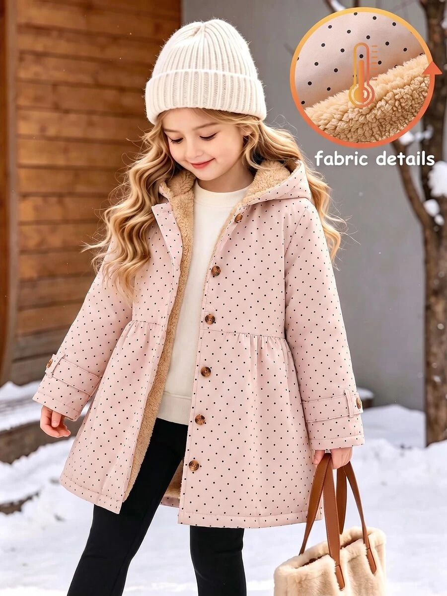 SHEIN Girls' Winter Coat, Khaki Color, Fuzzy Lining, Hooded, Button Closure, Fashionable Jacket, Suitable For Daily Casual Wear - Khaki - View 1