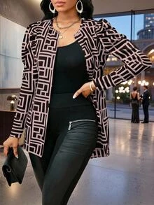 SHEIN Lady 女款格紋印花修身優雅休閒長袖常規夾克，適合秋季辦公與晚餐場合，藕紫色 - 粉色 - 查看 6