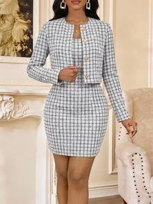 SHEIN Lady 女款格紋洋裝與單排扣長袖開襟衫休閒商務休閒優雅日常辦公2件套，黑白格紋秋季款 - 黑與白 - 查看 8