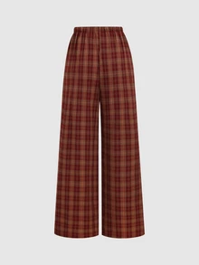 Sweetra Women's Drawstring Waist Plaid Casual Versatile Everyday Travel Long Pants - Red - View 2