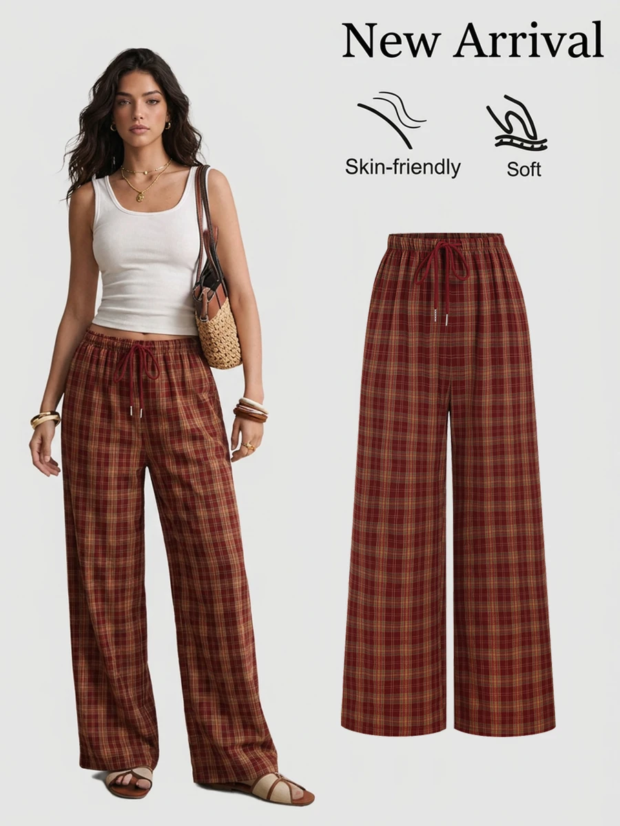 Sweetra Women's Drawstring Waist Plaid Casual Versatile Everyday Travel Long Pants - Red - View 1