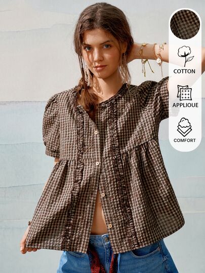 SoleilVie Women's Round Neck Gathered Frill Trim Puff Sleeve Vintage Plaid Casual Shirt