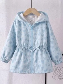 SHEIN Young Girls Hooded Coat, Cute Tops, New Fall Looks, Autumn, Winter, School, Jacket  Love Heart  Print - Blue - View 4