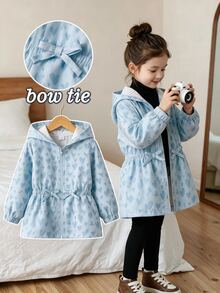 SHEIN Young Girls Hooded Coat, Cute Tops, New Fall Looks, Autumn, Winter, School, Jacket  Love Heart  Print - Blue - View 8