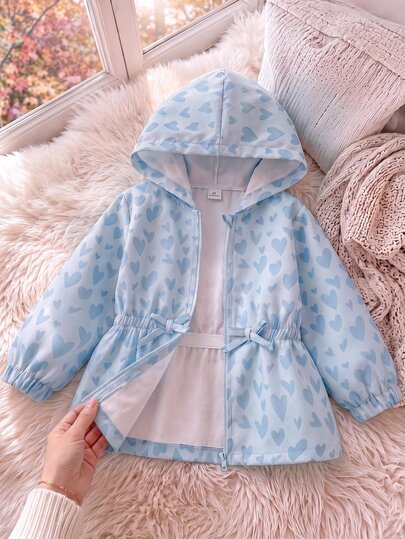 SHEIN Young Girls Hooded Coat, Cute Tops, New Fall Looks, Autumn, Winter, School, Jacket  Love Heart  Print
