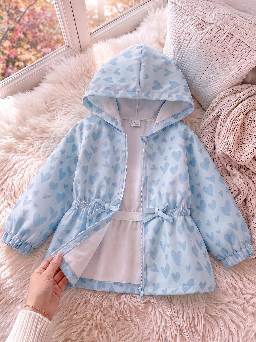 SHEIN Young Girls Hooded Coat, Cute Tops, New Fall Looks, Autumn, Winter, School, Jacket Love Heart Print - Blue - View 1