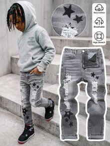 SHEIN 青少年男孩牛仔長褲，四季皆宜，柔軟棉質，休閒街頭風，彈性腰帶，五角星刺繡，不對稱破洞設計 - 淺灰色 - 查看 10