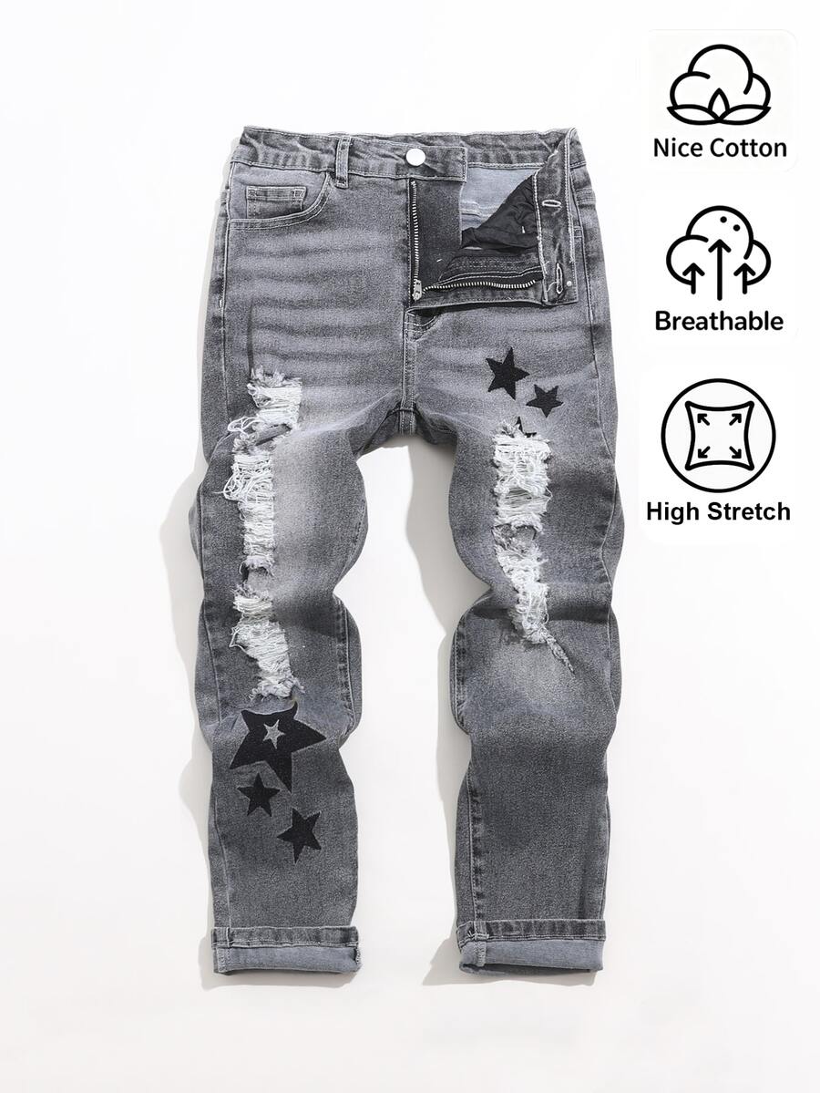 SHEIN 青少年男孩牛仔長褲,四季皆宜,柔軟棉質,休閒街頭風,彈性腰帶,五角星刺繡,不對稱破洞設計 - 淺灰色 - 查看 1