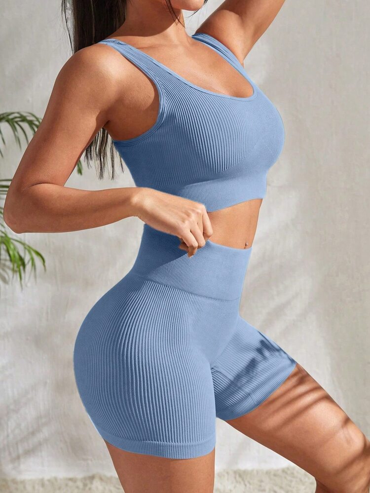 Solea Cove Solea Cove Ribbed Knit Wideband Waist Sports Set Workout Women Setwomen Workout Set Gym Women Outfit - Baby Blue - View 4