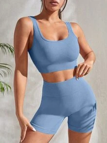 Solea Cove Solea Cove 罗纹针织宽腰运动套装女士健身套装女士健身套装健身房女装 - 淺藍色 - 查看 7