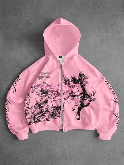 PAVTROS Men's Streetwear INS Style Angel & Floral Element Vintage Graffiti Design Outdoor Music Festival Nightclub Bar Boyfriend Husband Anniversary Gift White Sweatshirt Hoodie