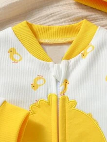 SHEIN Infant Boys' Casual Cute Gender Neutral Long Sleeve Jumpsuit With Duck Print And Hat, Suitable For Outdoor Activities In Spring/Autumn White - Multicolor - View 7