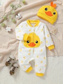 SHEIN Infant Boys' Casual Cute Gender Neutral Long Sleeve Jumpsuit With Duck Print And Hat, Suitable For Outdoor Activities In Spring/Autumn White - Multicolor - View 5