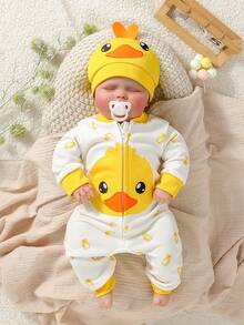 SHEIN Infant Boys' Casual Cute Gender Neutral Long Sleeve Jumpsuit With Duck Print And Hat, Suitable For Outdoor Activities In Spring/Autumn White - Multicolor - View 4