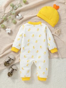 SHEIN Infant Boys' Casual Cute Gender Neutral Long Sleeve Jumpsuit With Duck Print And Hat, Suitable For Outdoor Activities In Spring/Autumn White - Multicolor - View 3