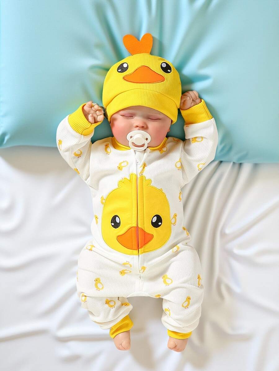 SHEIN Infant Boys' Casual Cute Gender Neutral Long Sleeve Jumpsuit With Duck Print And Hat, Suitable For Outdoor Activities In Spring/Autumn White