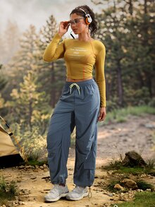 Exploreva Exploreva Drawstring Waist Flap Pocket Side Cargo Pants - Navy Blue - View 5
