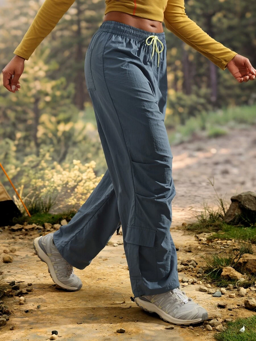 Exploreva Exploreva Drawstring Waist Flap Pocket Side Cargo Pants - Navy Blue - View 1