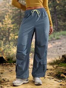Exploreva Exploreva Drawstring Waist Flap Pocket Side Cargo Pants - Navy Blue - View 4