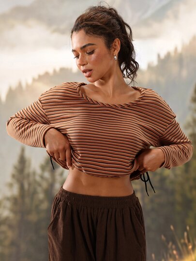 Exploreva Exploreva Damen Mode Vielseitiges gestreiftes Farbblock Langarm Outdoor T-Shirt