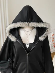 Comfortcana 大尺碼女款灰色百搭休閒連帽長袖衛衣，適合秋冬穿著 - 黑色 - 查看 6