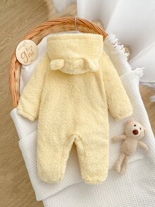 SHEIN 新生兒嬰兒春夏秋冬毛絨布料連身衣，可愛連帽設計深受孩子喜愛，採用舒適柔軟親膚布料製成，適合兒童居家穿著，為孩子帶來舒適睡眠與健康成長 - 黃色 - 查看 2