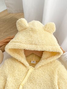 SHEIN 新生兒嬰兒春夏秋冬毛絨布料連身衣，可愛連帽設計深受孩子喜愛，採用舒適柔軟親膚布料製成，適合兒童居家穿著，為孩子帶來舒適睡眠與健康成長 - 黃色 - 查看 4