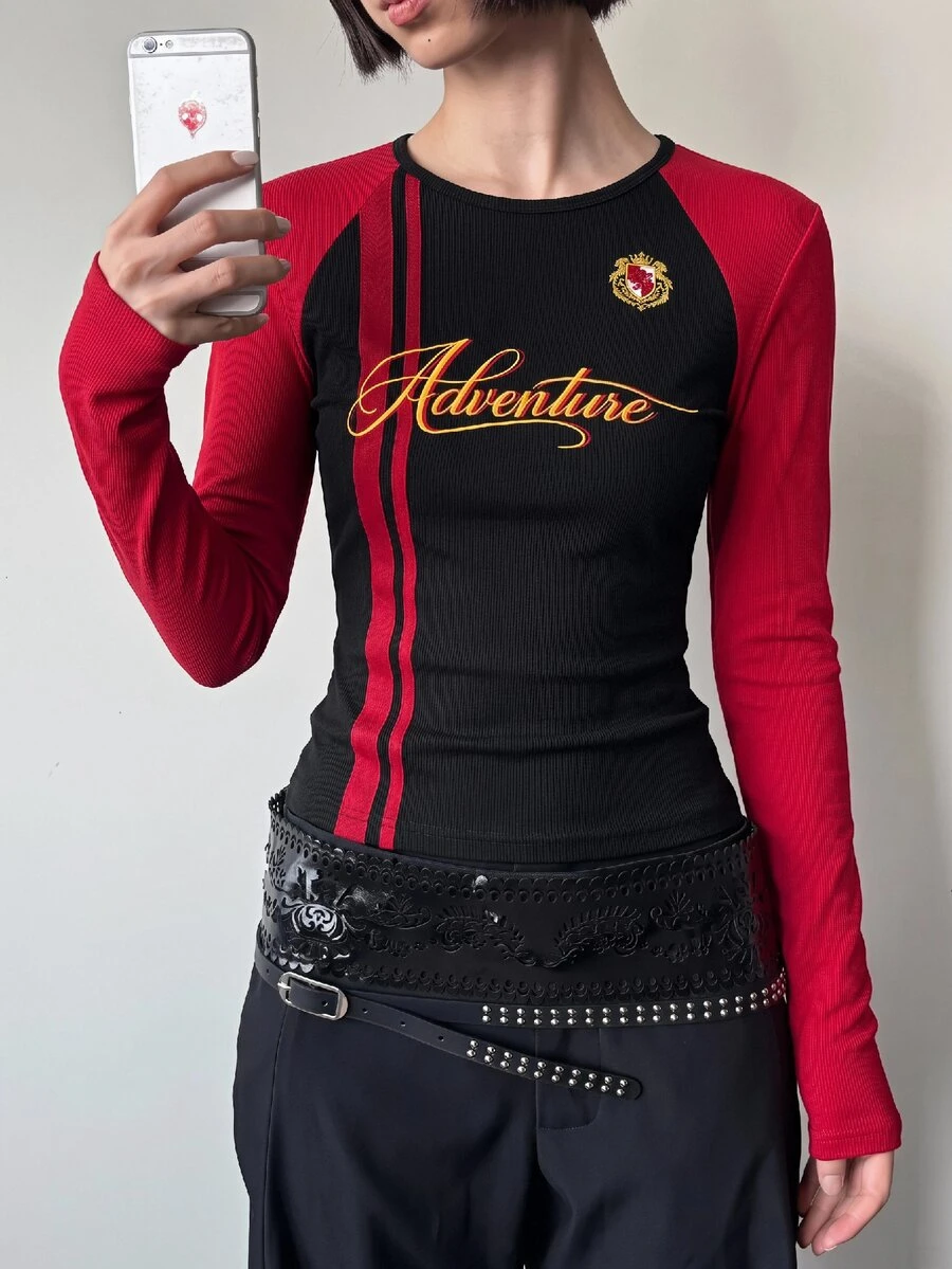 Manfinity BRENVOR Kaos Pria Kasual Musim Gugur Motif Blok Warna Patchwork dengan Cetakan Huruf - Hitam - View 1