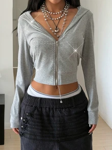 StreetHx Women's Autumn/Winter Grey Rhinestone-Embellished Y2K Punk Streetwear Suitable For Daily Commuting And Halloween Thin Brushed Warm Long-Sleeved Jacket - Grey - View 7