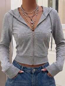 StreetHx Women's Autumn/Winter Grey Rhinestone-Embellished Y2K Punk Streetwear Suitable For Daily Commuting And Halloween Thin Brushed Warm Long-Sleeved Jacket - Grey - View 3
