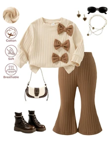 SHEIN Baby Girl Sweet & Cool Contrast Color Bow Decor Comfortable Asymmetrical Ribbed Light Apricot Long Sleeve Top + Brown Flared Long Pants Set, Autumn/Winter Stylish 2-Piece Outfit - Multicolor - View 2