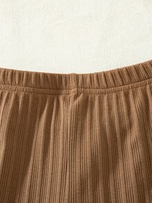 SHEIN Baby Girl Sweet & Cool Contrast Color Bow Decor Comfortable Asymmetrical Ribbed Light Apricot Long Sleeve Top + Brown Flared Long Pants Set, Autumn/Winter Stylish 2-Piece Outfit - Multicolor - View 8