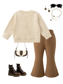 SHEIN Baby Girl Sweet & Cool Contrast Color Bow Decor Comfortable Asymmetrical Ribbed Light Apricot Long Sleeve Top + Brown Flared Long Pants Set, Autumn/Winter Stylish 2-Piece Outfit - Multicolor - View 4